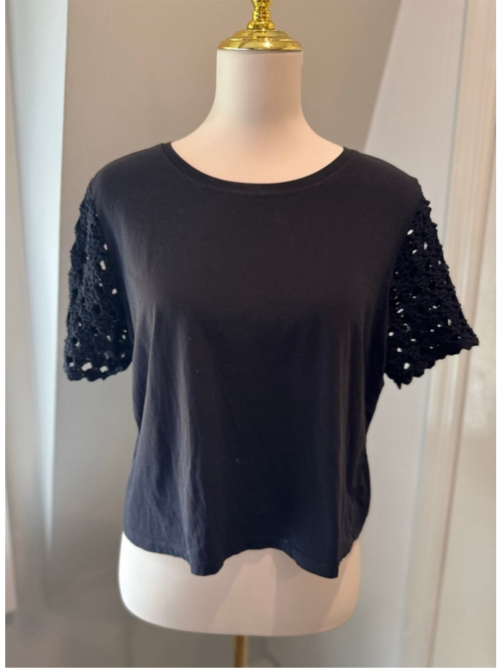 Joie | Black Crochet Sleeve Short Sleeve Tee | Size Medium